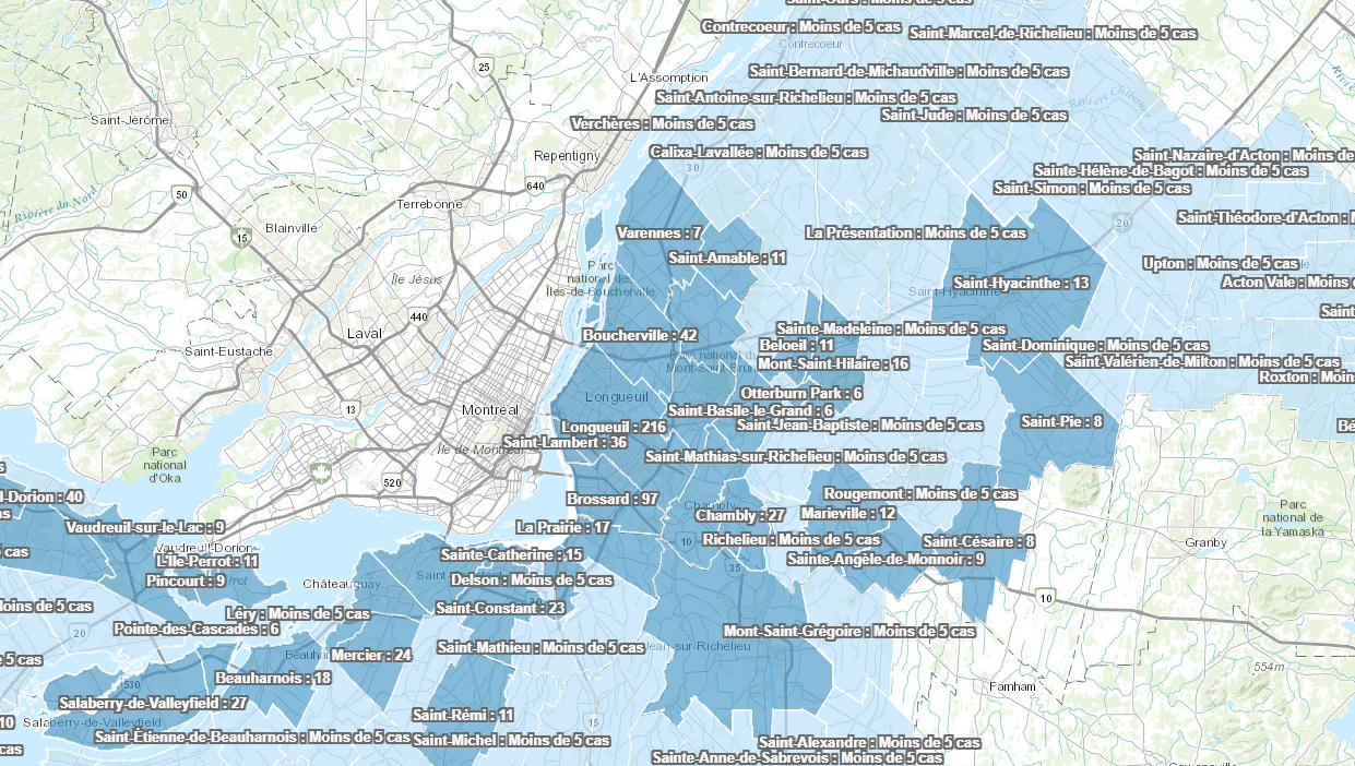 COVID-19: la Direction de la santé publique de la Montérégie publie une carte interactive par villes