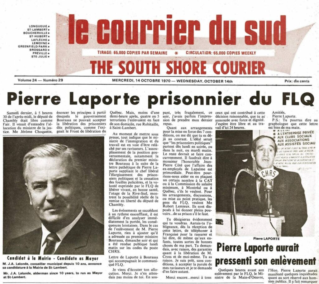 Chronique historique – 10 octobre 1970: enlèvement de Pierre Laporte
